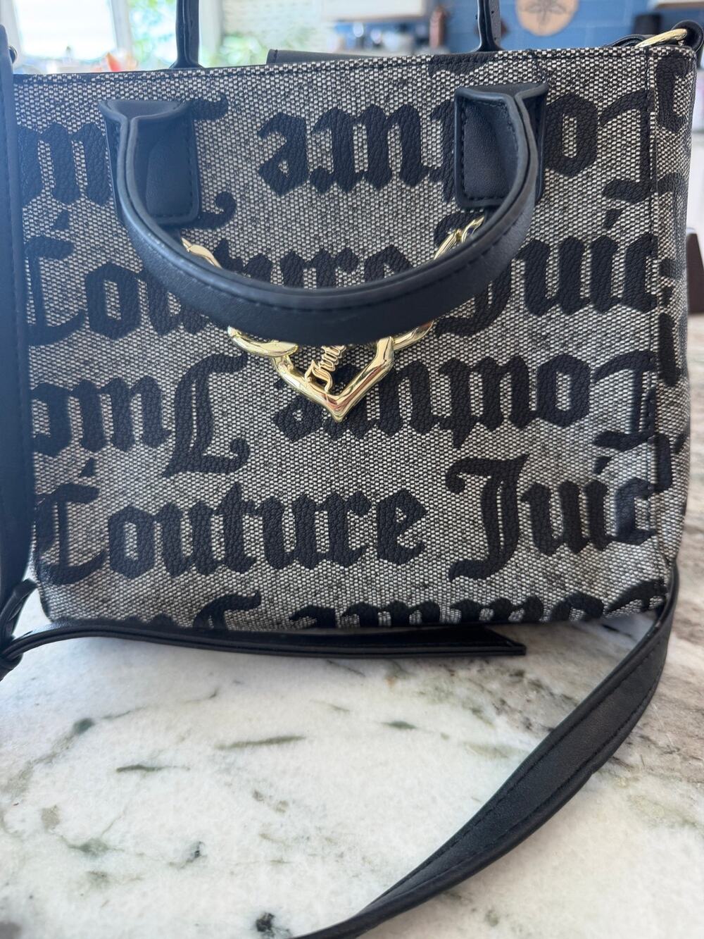 Juicy Couture Logo Canvas Satchel Crossbody Bag Black White Gold Heart Charm